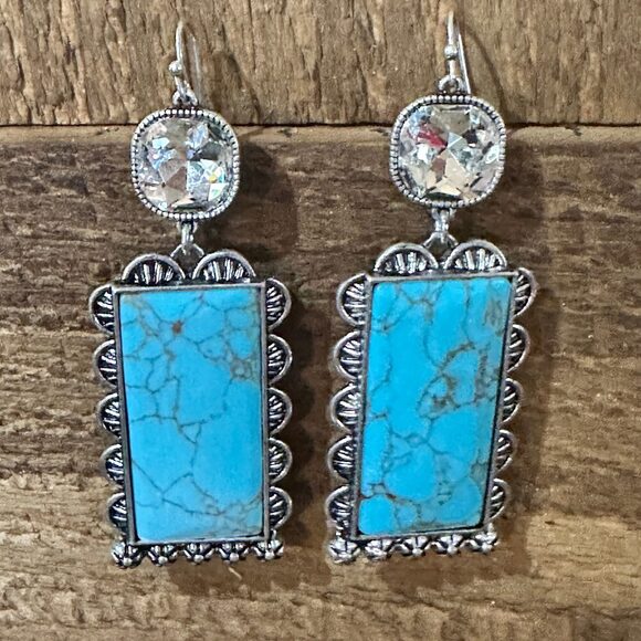 Boho Turquoise Elegance: Crystal-Studded Rectangle Earrings, Gift Box - Picture 6 of 11